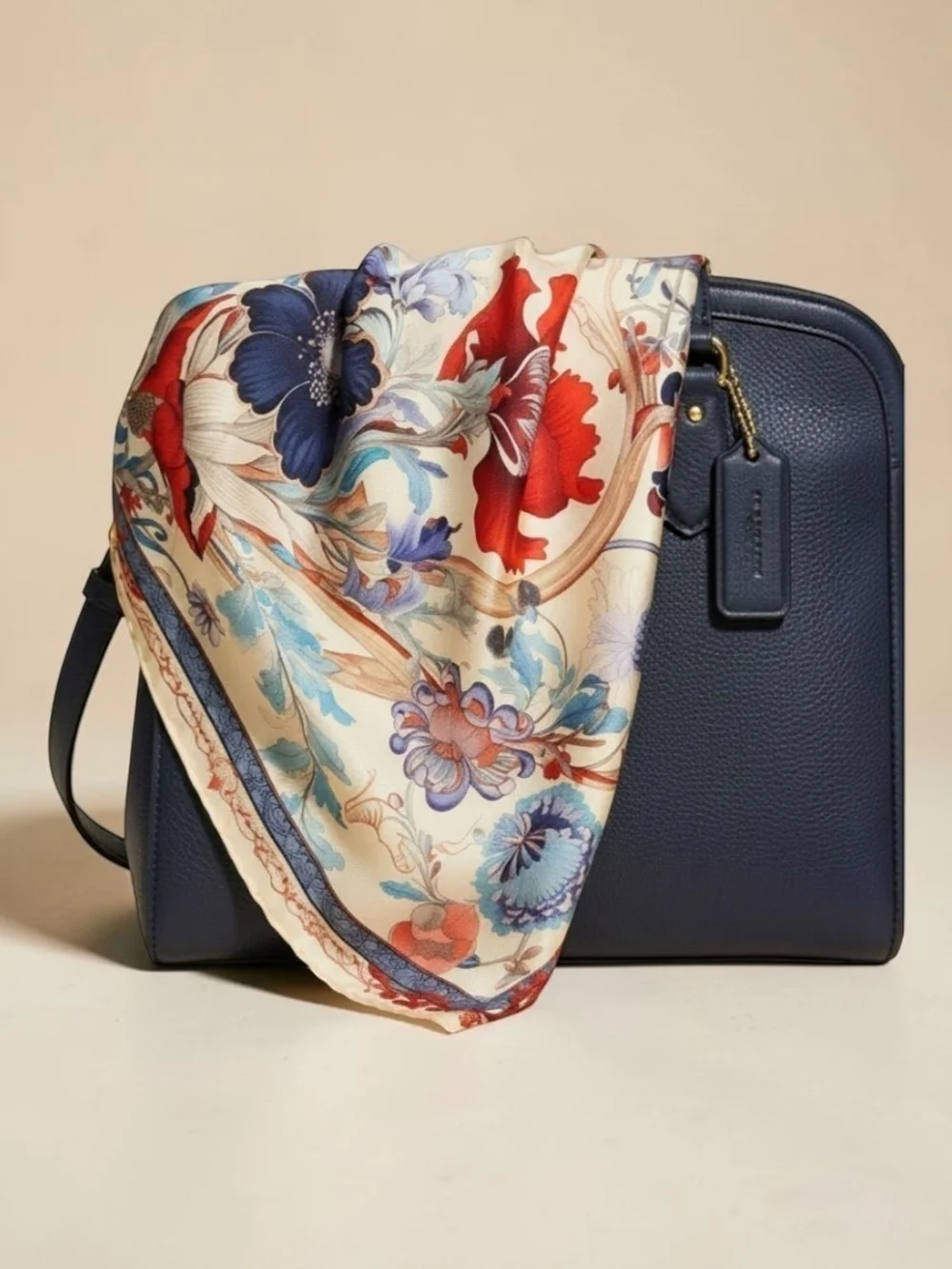 🧣 Beautiful Floral Silky Scarf in Cream, Red & Blue